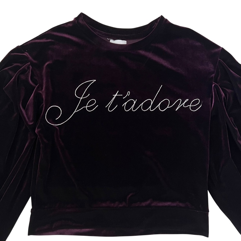 MISA Los Angeles Je T'adore Burgundy Velvet Puff Sleeve Sweatshirt Sweater SZ XS - Picture 4 of 12